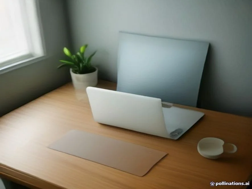 of a clean, minimalist wooden desk in a modern Japanese office A sleek laptop is open on the desk, alongside a notebook