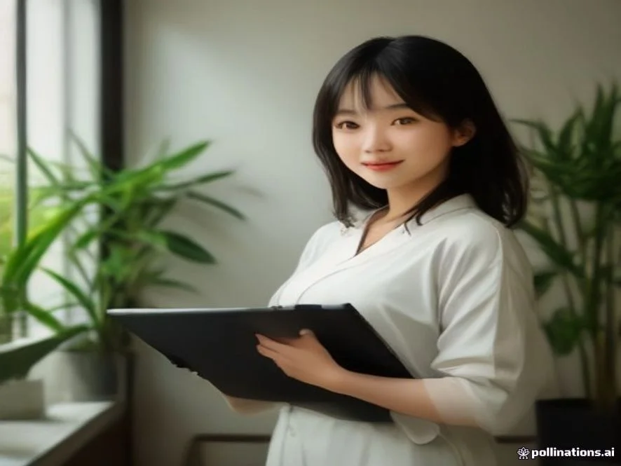 A of a Japanese professional woman in her late 20s, smiling confidently while holding a tablet in a modern, plant-fille