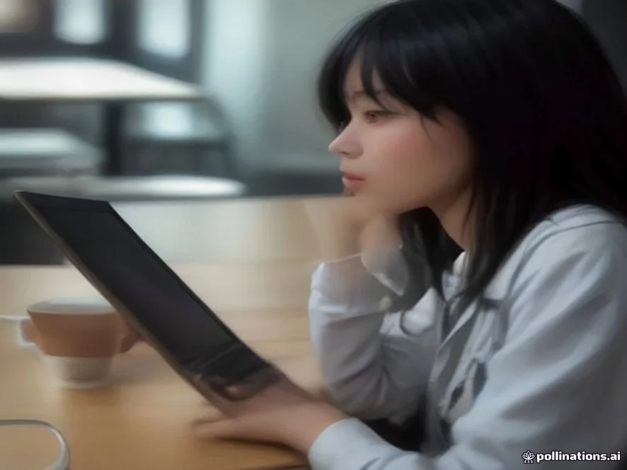A close-up shot of a young Japanese university student using a modern silver laptop thoughtfully in a contemporary brigh