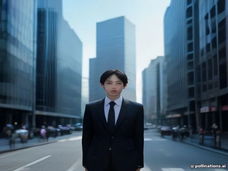 soft A confident young Japanese student or newcomer wearing a neat business suit, standing outside a high-rise Tokyo of