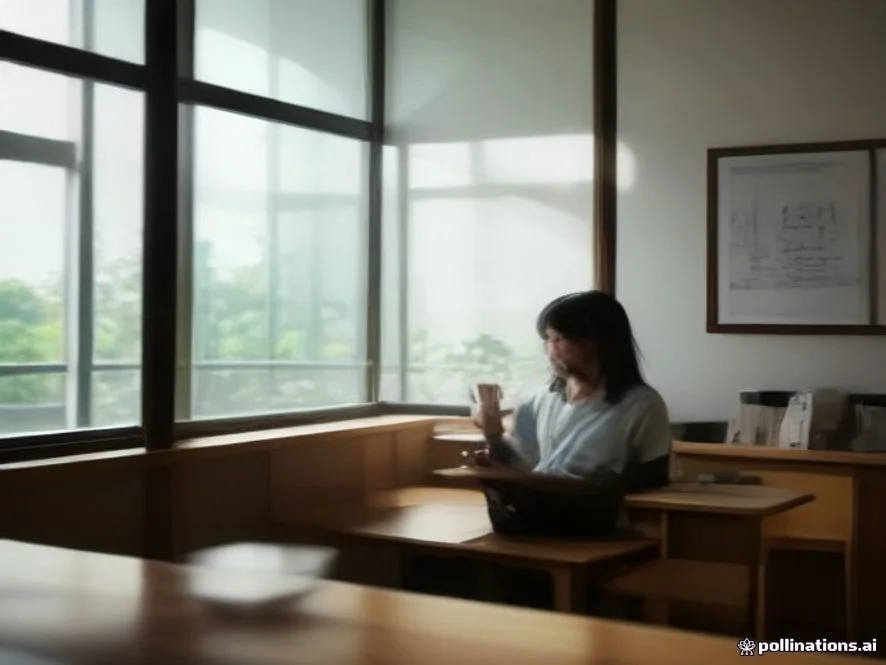 A young Japanese student working attentively on a laptop inside a bright minimalist coffee shop, with a notebook and cof