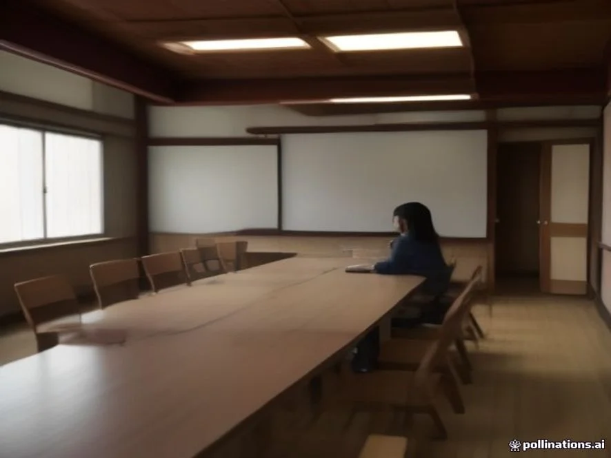 A group of diverse Japanese university students collaborating around a wooden table in a high-tech modern study hall, en