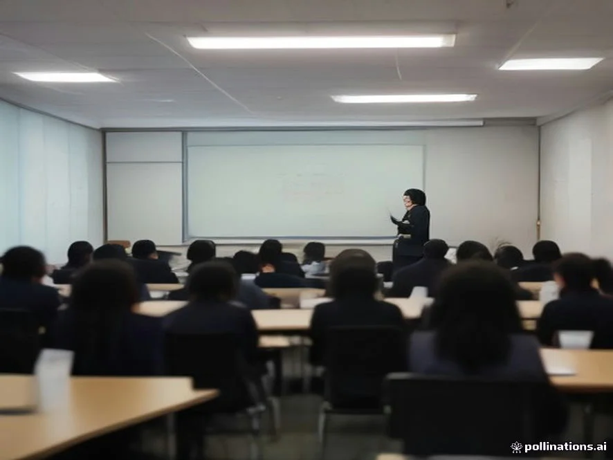 A , image of a diverse group of young Japanese college students collaborating in a small modern seminar room with white