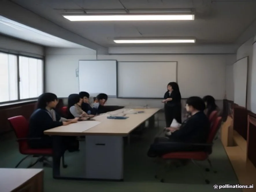 A diverse group of energetic young Japanese university students engaging in a collaborative group discussion or mock int