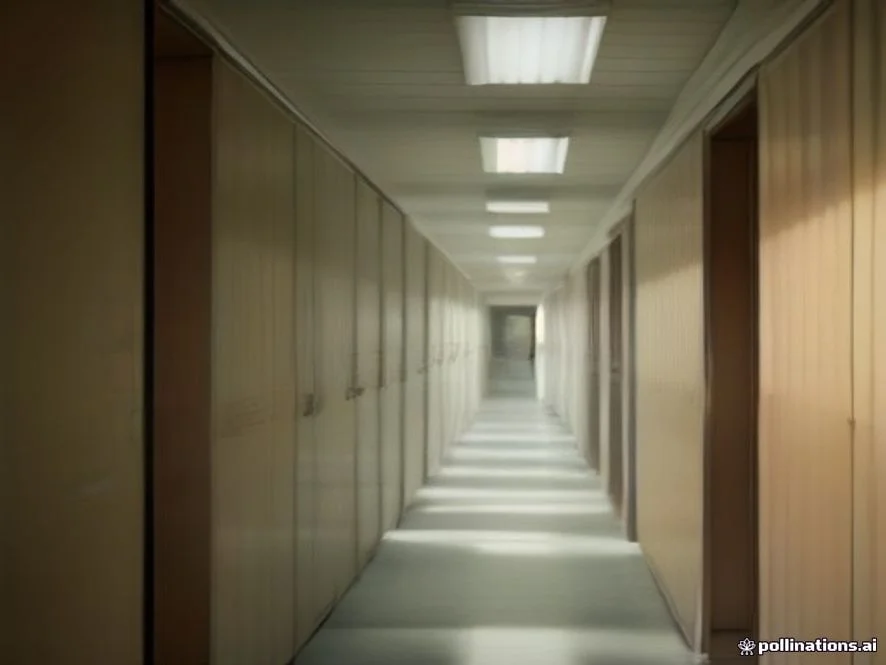 of an empty, bright Japanese high school corridor lined with wooden lockers and large windows during golden hour, , high