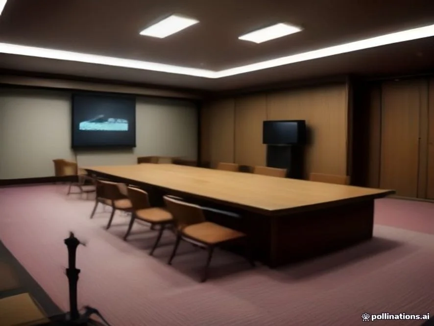 A ,  image of a modern press conference room in Japan with microphones on a wooden podium, professional corporate setup