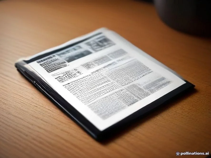 A highly , , A close-up of a Japanese newspaper displaying blurred news text, placed on a modern wooden desk next to a