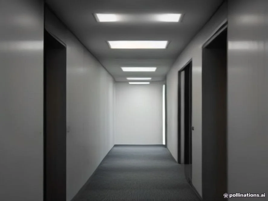 A Japanese corporate office hallway in a Tokyo skyscraper with modern interior design, subtle lighting, clean minimalist
