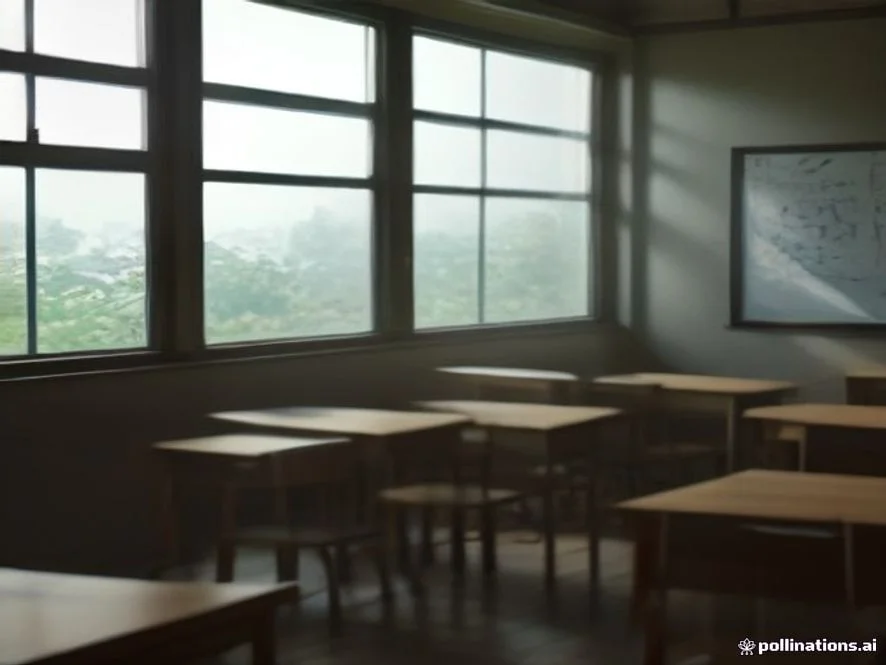 A cozy Japanese high school classroom filled with wooden desks, a blackboard with white chalk drawings, warm afternoon s