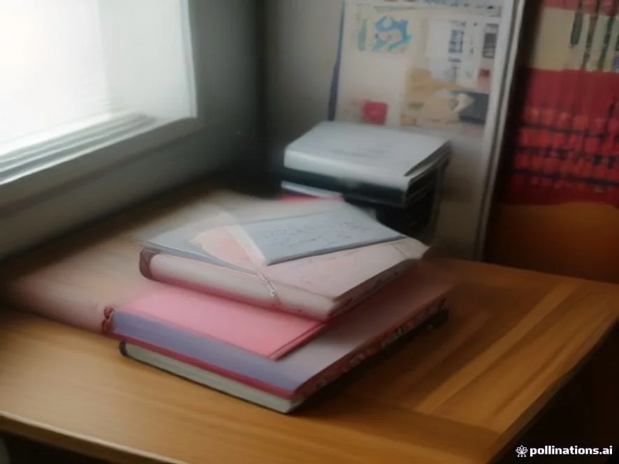 A neat stack of Japanese manga magazines, colorful stationery, and notebooks on a polished wooden desk, warm room lighti